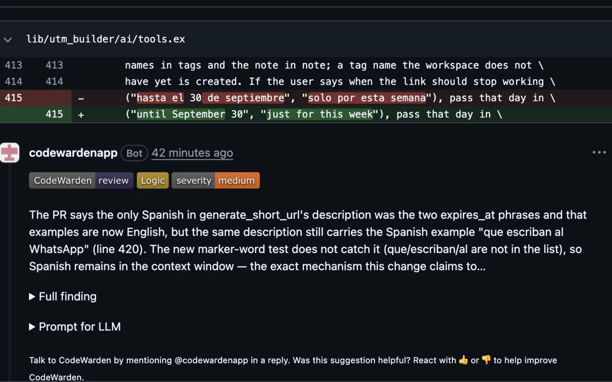 A CodeWarden review comment on a GitHub pull request, tagged Logic and severity medium, pointing out a Spanish phrase the change missed on line 420.