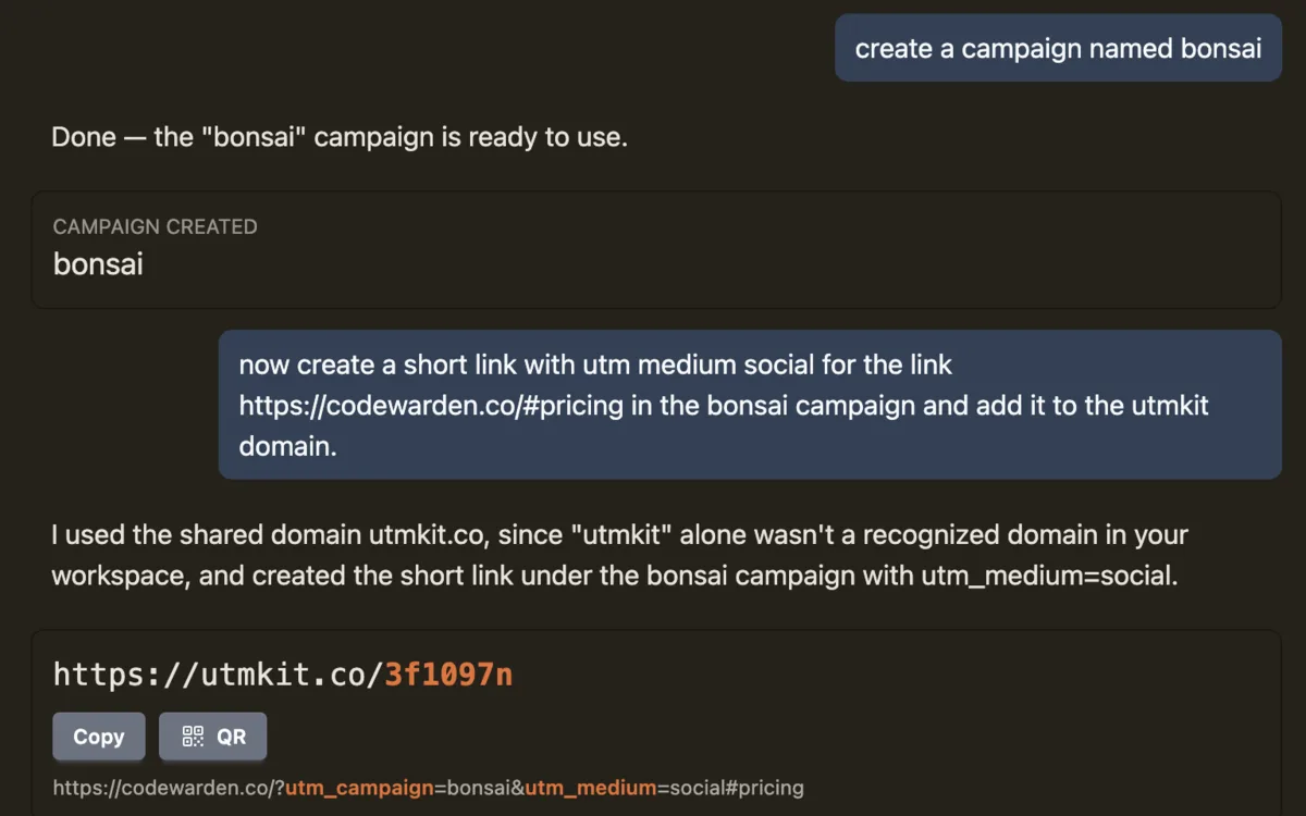 UTMKit chat: the user asks for a campaign named bonsai, then a short link with utm_medium=social; UTMKit creates both and returns utmkit.co/3f1097n with Copy and QR buttons.