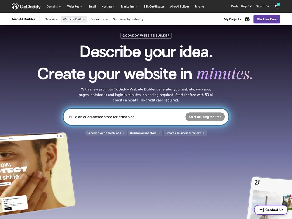 GoDaddy Website Builder landing page: Describe your idea. Create your website in minutes.