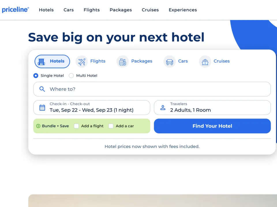 Priceline home page: Save big on your next hotel, with the hotel search form.